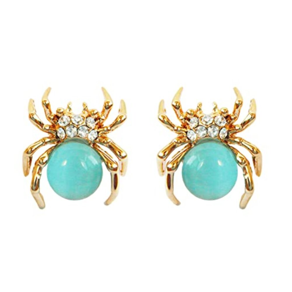 18K Gold Plated Spider Stud Earrings – Multi-Color Crystal & Created Opal Design